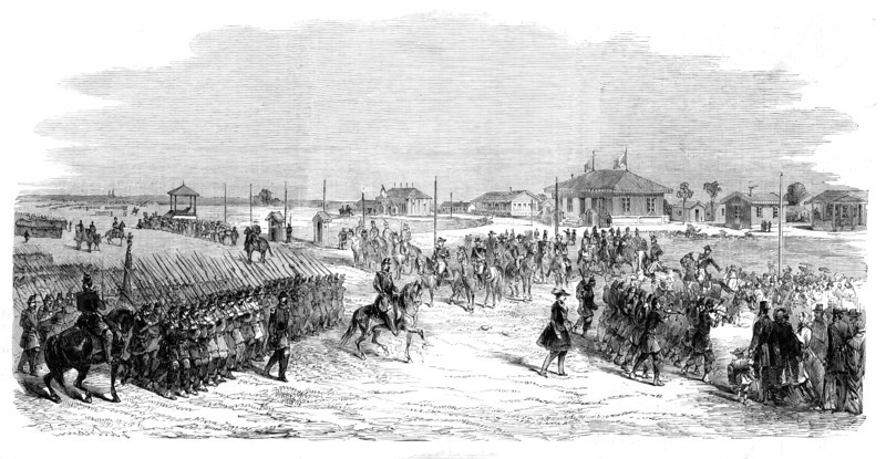 Imperial Head-quarters at the Camp at Chalons - from a drawing by M. Beaucé, 1860. Creator: Unknown.