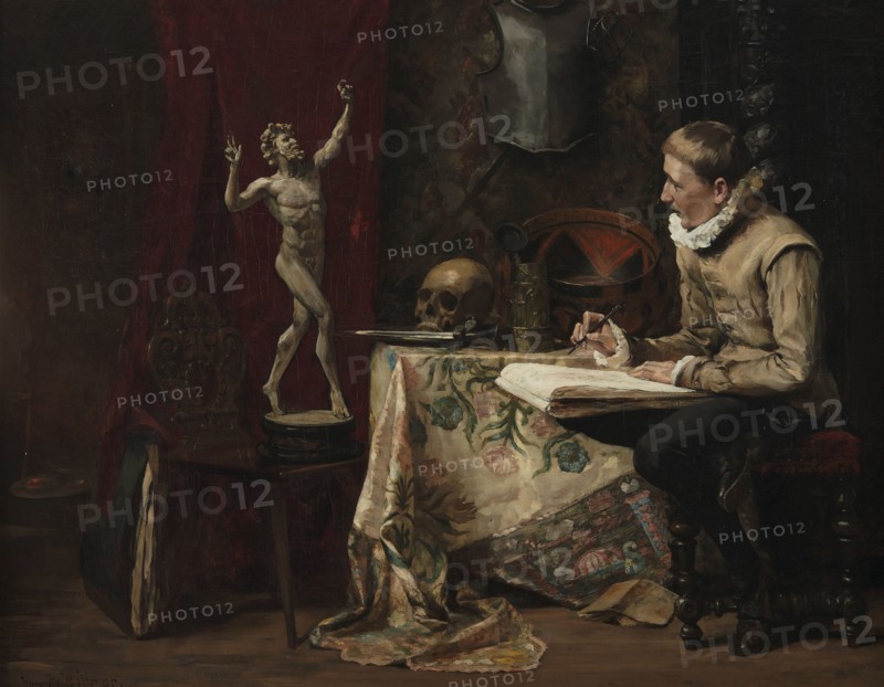 The Artist's Studio, with self-portrait, late 19th century. Creator: Hugo Birger.