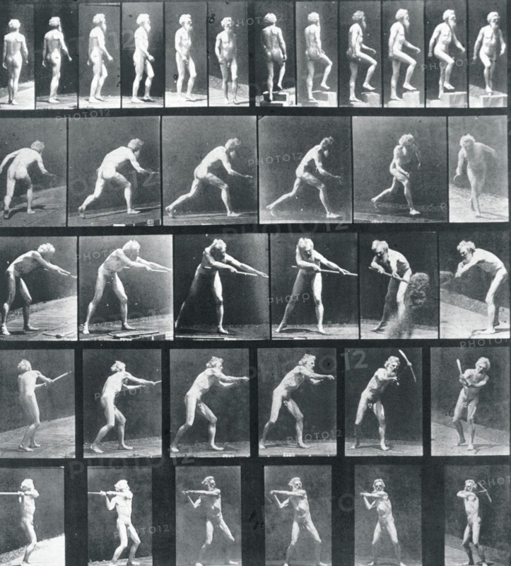 A: Walking. B: Ascending a Step. C: Throwing the disk. D: Using a Shovel. E,F: Using a Pick, 1887. Creator: Eadweard J Muybridge.