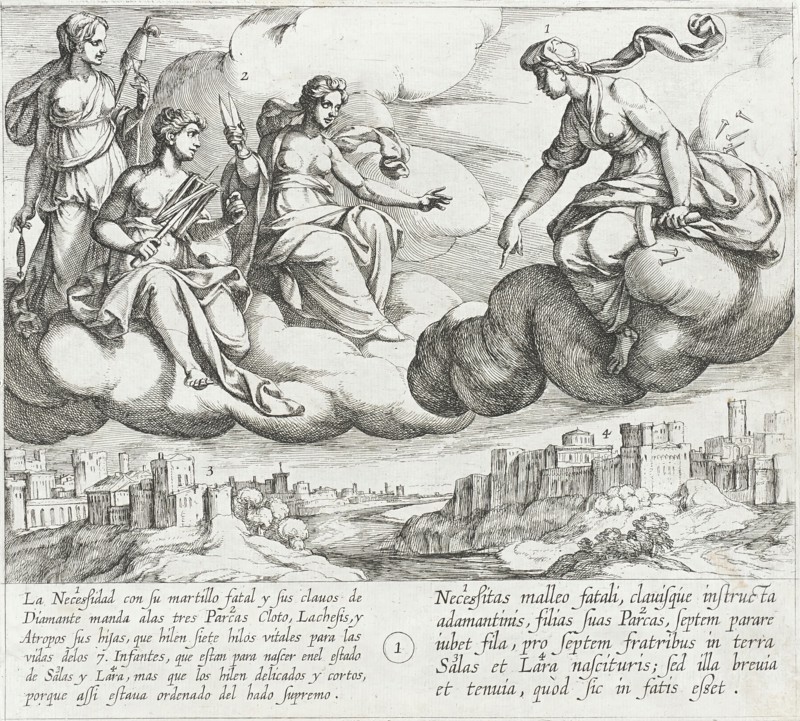 Necessity Commands Her Daughters, the Fates, to Weave Short and Frail Life Threads..., 1612. Creator: Antonio Tempesta.