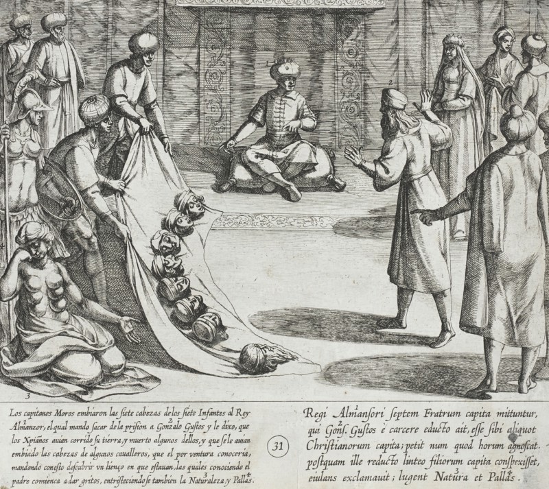 In the Presence of Almanzor, Gonzalo Gustos Identifies the Severed Heads of His Sons, 1612. Creator: Antonio Tempesta.