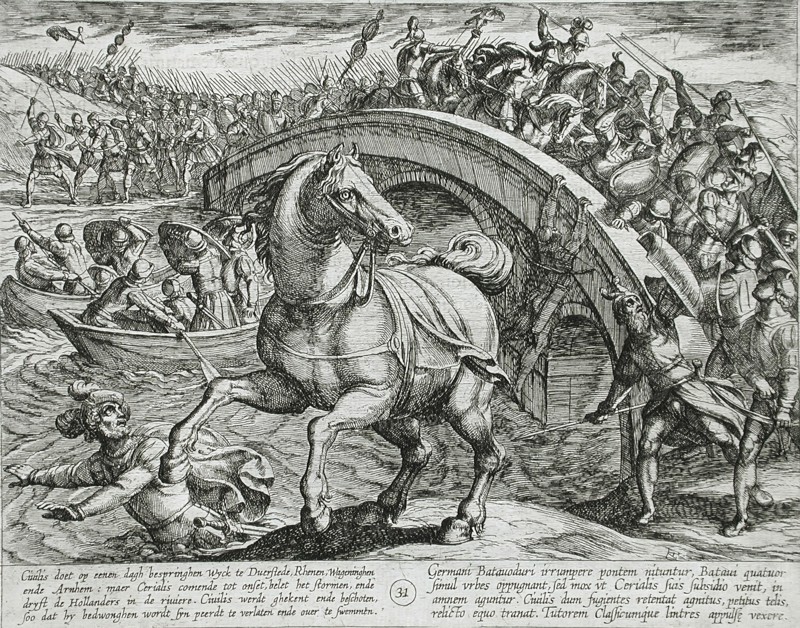 Civilis Forced to Dismount and Swim Across the River, Publshed 1612. Creator: Antonio Tempesta.