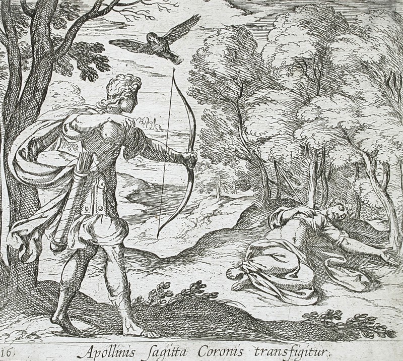 Apollo Killing Coronis, published 1606. Creators: Antonio Tempesta, Wilhelm Janson.