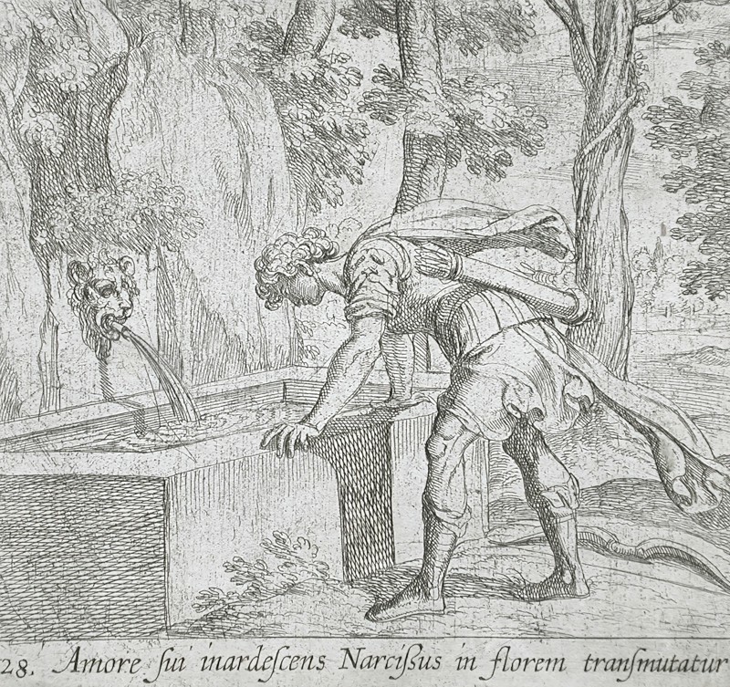 Narcissus at the Well, published 1606. Creators: Antonio Tempesta, Wilhelm Janson.