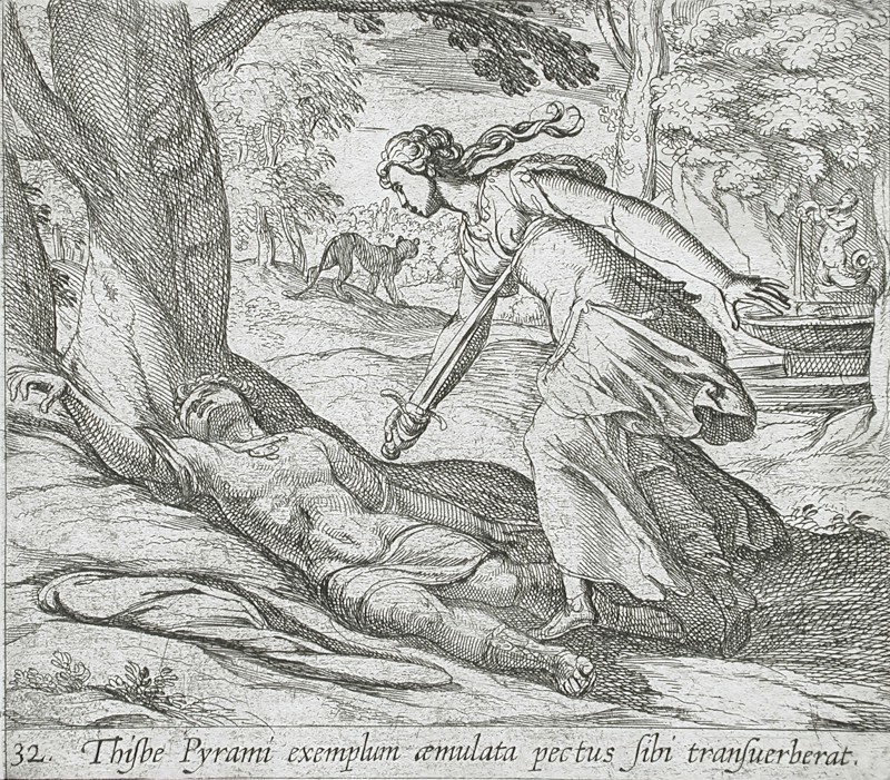 Thisbe Killing Herself, published 1606. Creators: Antonio Tempesta, Wilhelm Janson.