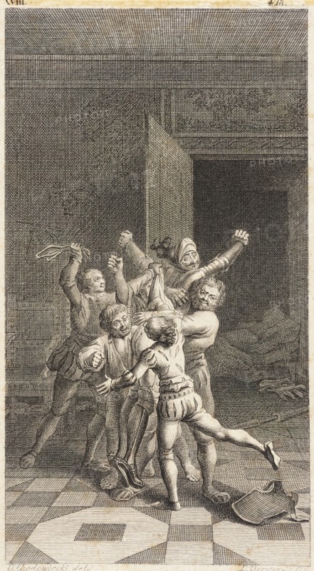 Plate XVIII from Life and Adventures of the Knight Don Quixote de la Mancha, 1780. Creator: Daniel Berger.