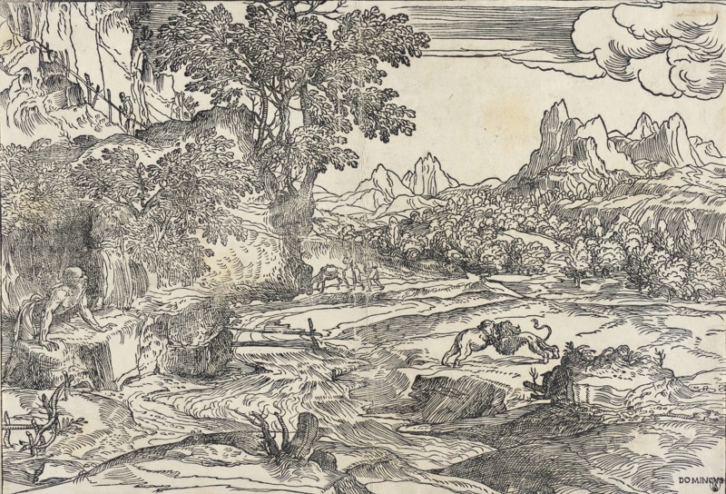 Saint Jerome in the Wilderness with Fighting Lion and Bear, between 1530 and 1535. Creator: Domenico Campagnola.