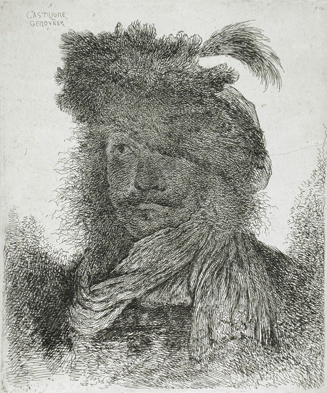 Man Wearing a Plumed Fur Cap and a Scarf, between circa 1647 and circa 1651. Creator: Giovanni Benedetto Castiglione.
