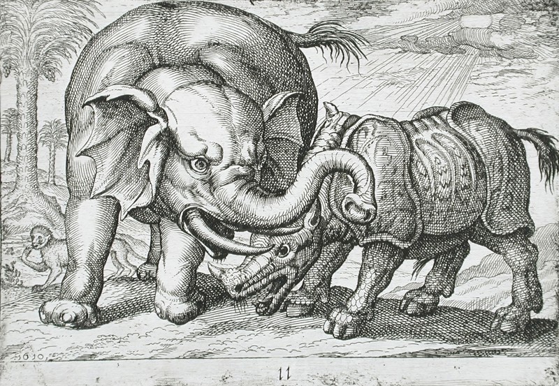 A Rhinoceros Fighting an Elephant, 1610. Creator: Hendrick Hondius I.