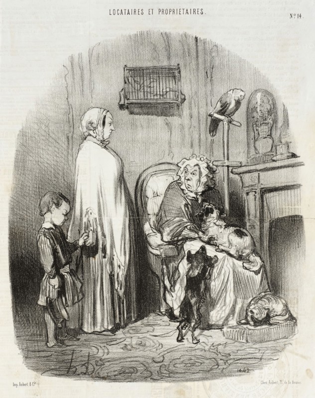 Je ne loue pas aux gens qui ont des enfants!..., 1847. Creator: Honore Daumier.