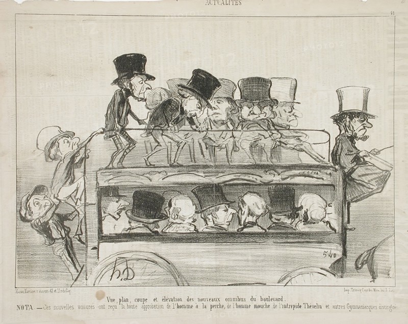 Vue plan coupé et elévation des nouveau omnibus du boulevard, 1853. Creator: Honore Daumier.