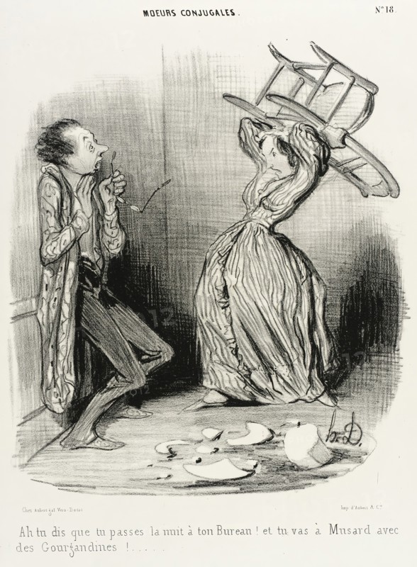 Ah! tu dis que tu passes la nuit à ton bureau..., 1840. Creator: Honore Daumier.