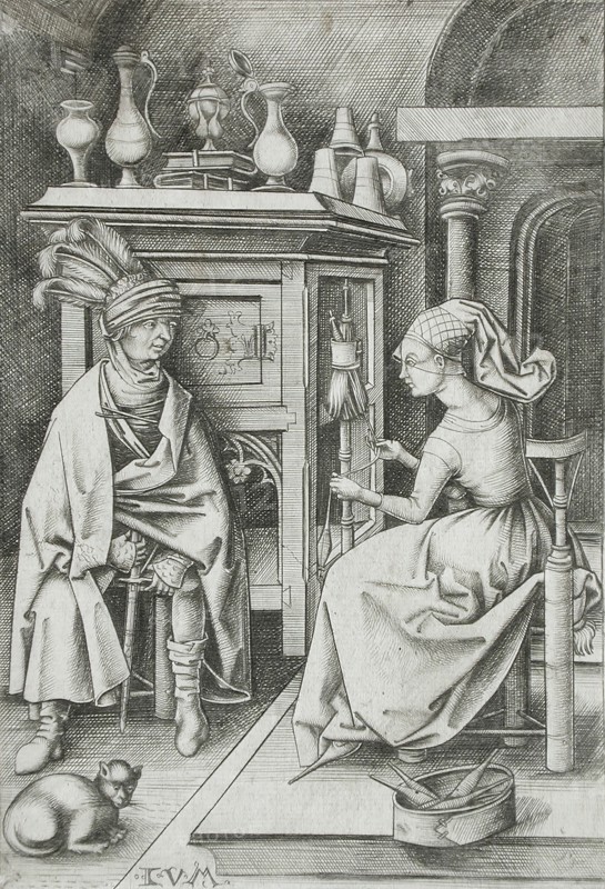 Woman Spinning and Visitor, between circa 1495 and circa 1503. Creator: Israhel van Meckenem.