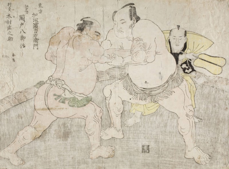 Wrestlers Kajigahama Rikiemon and Sekinoto Hachiroji, with the Umpire Kimura Shonosuke, 1785. Creator: Shunsho.
