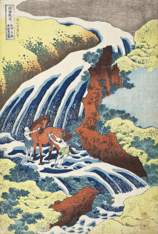 The Yoshitsune Horse-Washing Falls at Yoshino, Izumi Province, between circa 1833 and circa 1834. Creator: Hokusai.