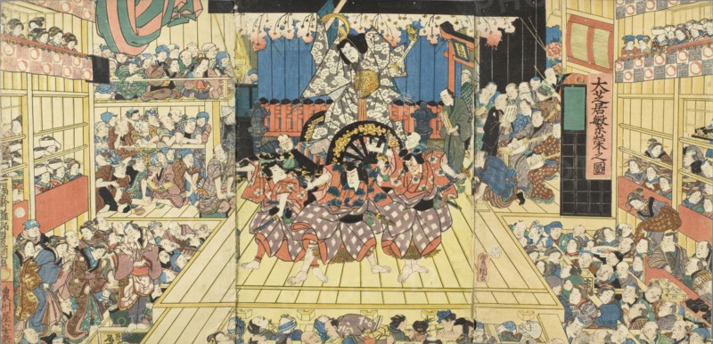 Picture of a Crowded Theater Hosting Performance of Sugawara Denju Tenarai Kagami, 1859. Creator: Utagawa Kunisada.