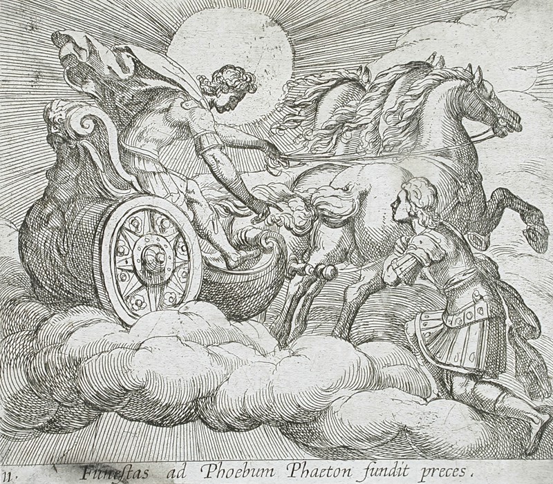 Phaeton Before Apollo, published 1606. Creators: Antonio Tempesta, Wilhelm Janson.