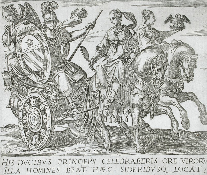 Frontispiece with Minerva in a Chariot Driven by Prudence and Charity (Horses of Different...), 1590 Creator: Antonio Tempesta.