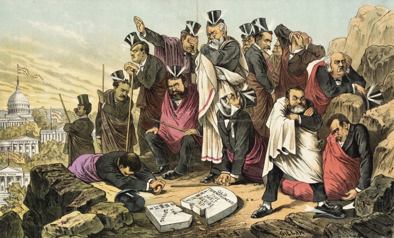 Ausgeschlossen aus dem Lande der Verheißung. Cartoon from Puck, between 1880 and 1889. Creator: Bernhard Gillam.
