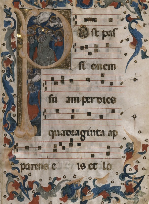 Folio from an Antiphonary with Initial P Containing 'The Ascension of Christ', c1365. Creator: Niccolo di Giacomo da Bologna.