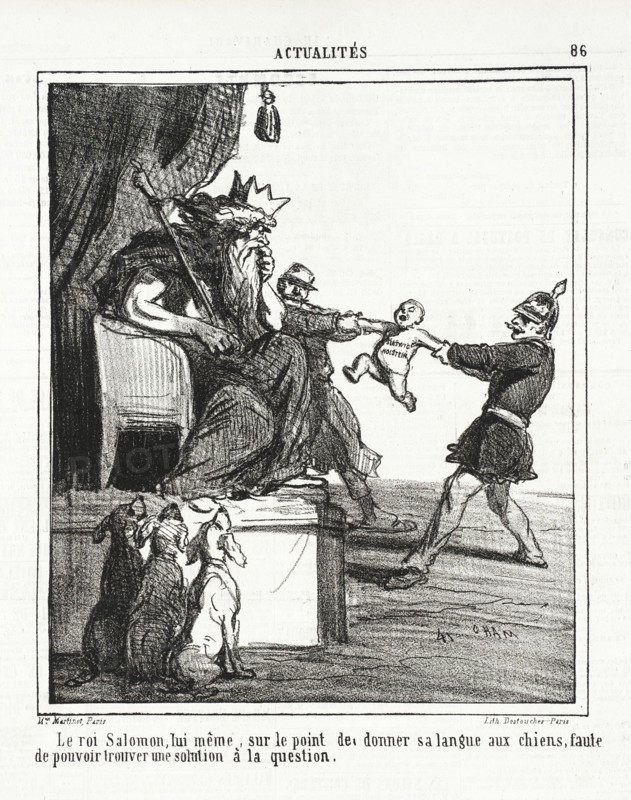 Le roi Salomon, lui -même, sur le point de donner sa langue aux chiens, faute de pouvoir..., 1864. Creator: Cham.
