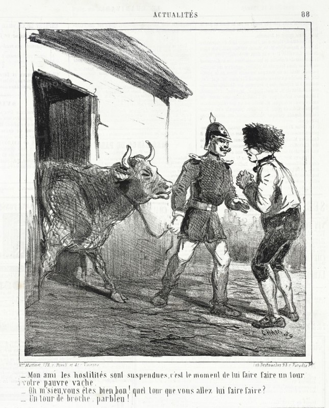 Mon ami, les hostilités sont suspendues, c'est le moment de lui faire faire un tour à votre..., 1865 Creator: Cham.