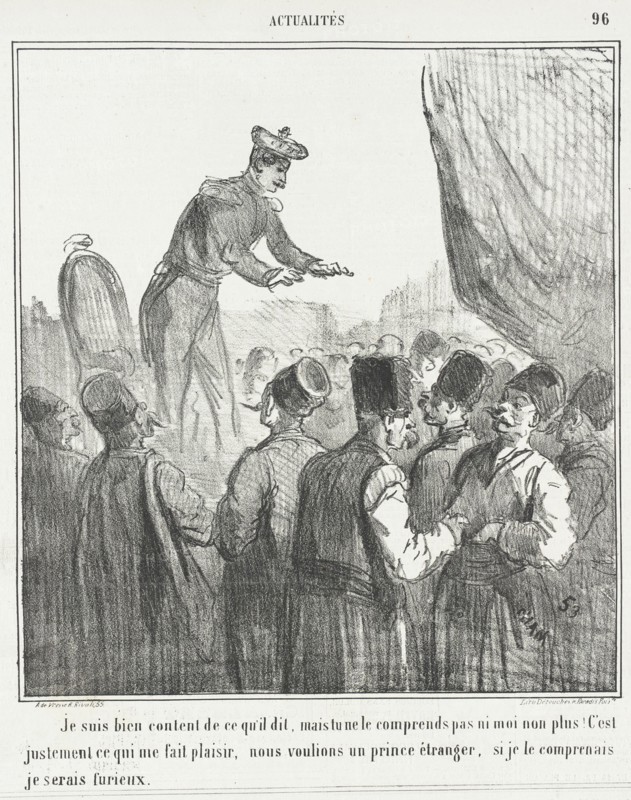 Je suis bien content de ce qui'l dit, mais tu ne le comprends pas ni moi non plus! C'est..., 1866. Creator: Cham.