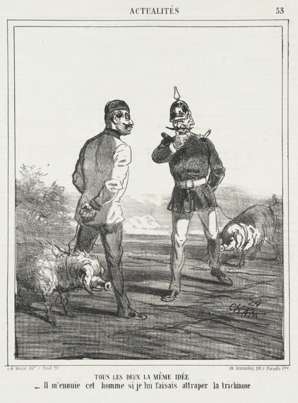 Tous les deux la même idée. -Il m'ennuie cet homme se je lui faisais attraper la trichinose?, 1866. Creator: Cham.