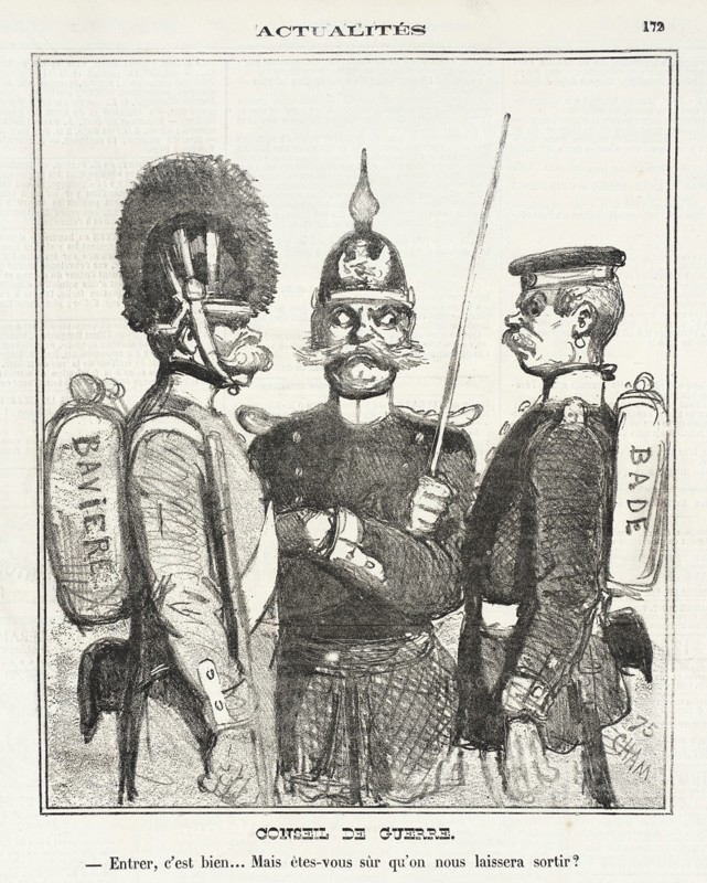 Conseil de guerre. Entrer, c'est bien, mais êtes vous sur qu'on nous laissera sortir, 1870. Creator: Cham.