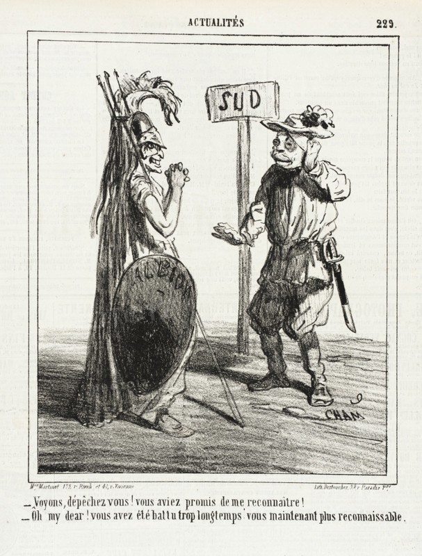 Voyons, Dépêchez vous! vous aviez promis de me reconnaitre! -Oh my dear! Vous avez été battu...,1865 Creator: Cham.