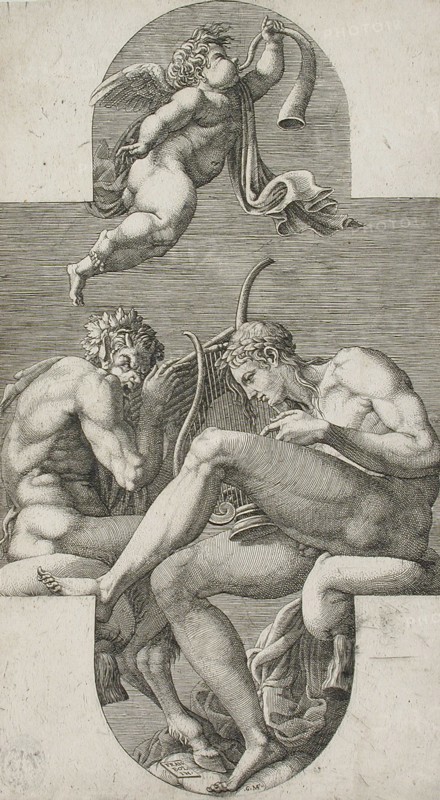Apollo, Pan and a Putto Blowing a Horn, 1560s. Creator: Giorgio Ghisi.
