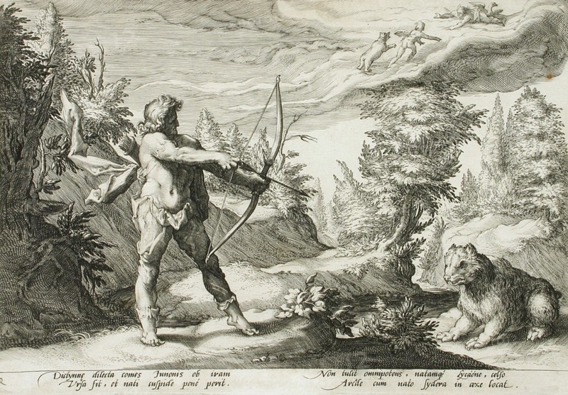 Arcas Preparing to Kill his Mother, Changed into a Bear, published 1590. Creator: Hendrik Goltzius.
