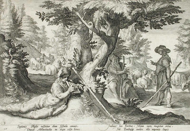 Battus Changed into a Stone, published 1590. Creator: Hendrik Goltzius.