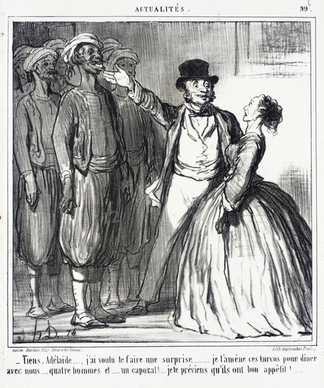 Tiens, Adélaïde...j'ai voulu te faire une surprise.., 1859. Creator: Honore Daumier.