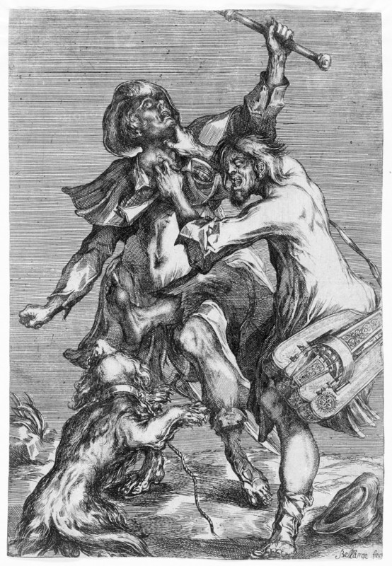 Hurdy-Gurdy Player Attacking a Pilgrim, c1614. Creator: Jacques Bellange.