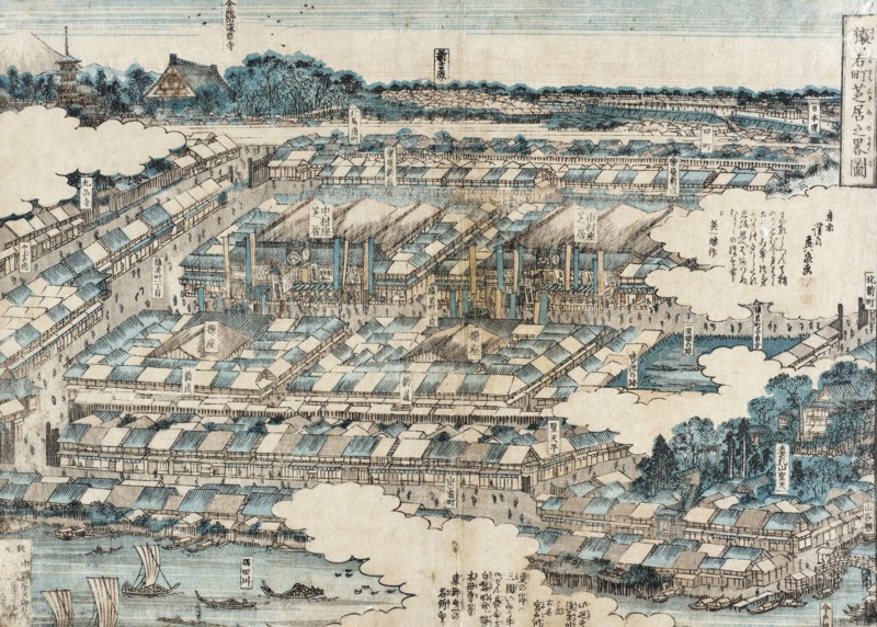 View of Kabuki Theatre District in Edo, 1820. Creator: Ikeda Eisen.