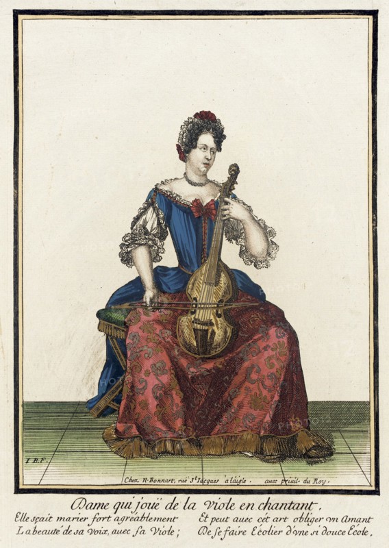 Recueil des modes de la cour de France, 'Dame qui Jouë de la Viole..., between c1682 and c1686. Creator: Nicolas Bonnart.