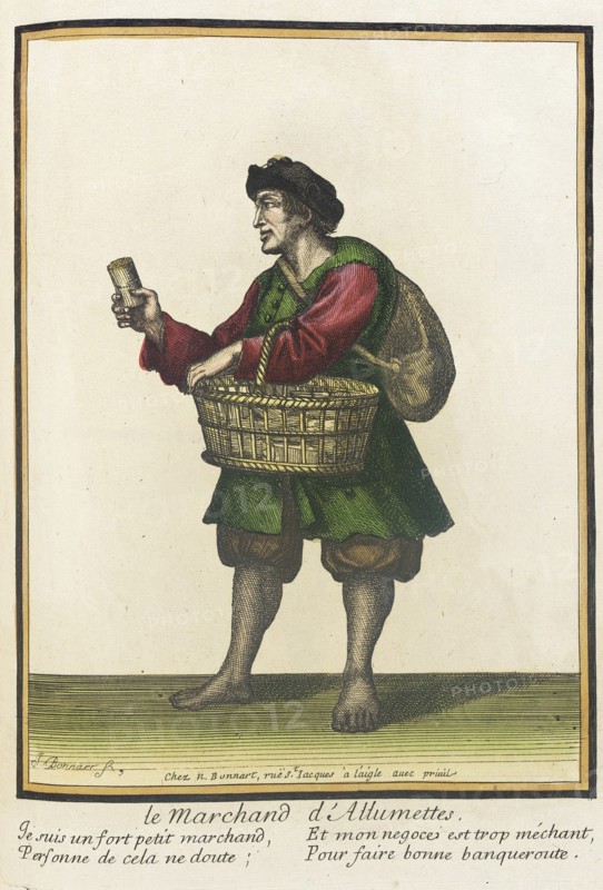 Recueil des modes de la cour de France, 'Le marchand d'Allumettes', after 1674. Creators: Nicolas Bonnart, Jean-Baptiste Bonnart.
