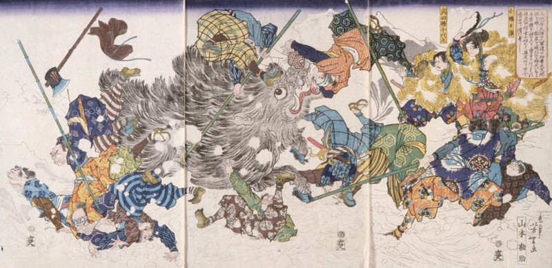 Yamamoto Kansuke Kills the Wild Boar, 1868. Creator: Tsukioka Yoshitoshi.