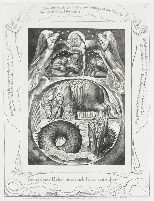 God Pointing out Behemoth...and Leviathan, 1825. Creator: William Blake.