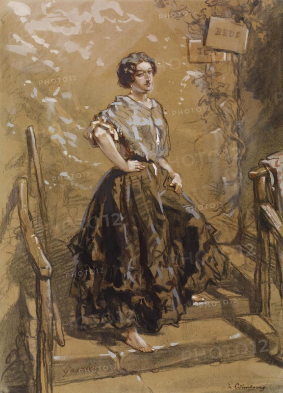 Young Woman Standing on Steps, 1849. Creator: Paul Gavarni.