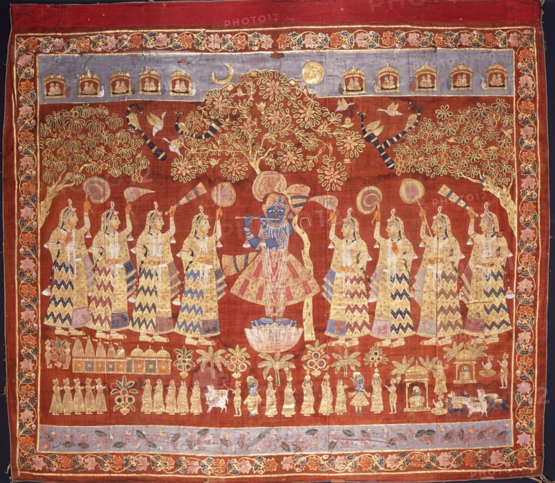 Temple Hanging (Pichvai) Depicting Krishna with Gopis, c1800. Creator: Unknown.