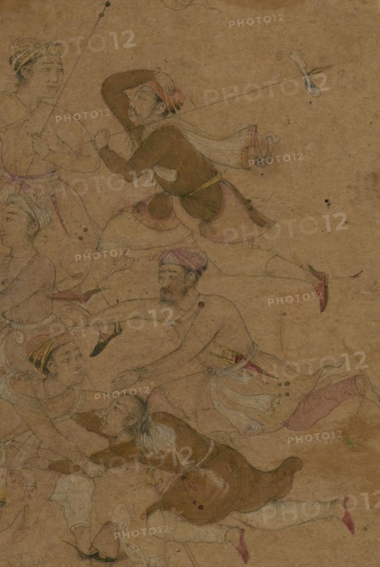 Men fleeing from an elephant, early 11th century AH/AD 17th century.  Creator: Unknown.