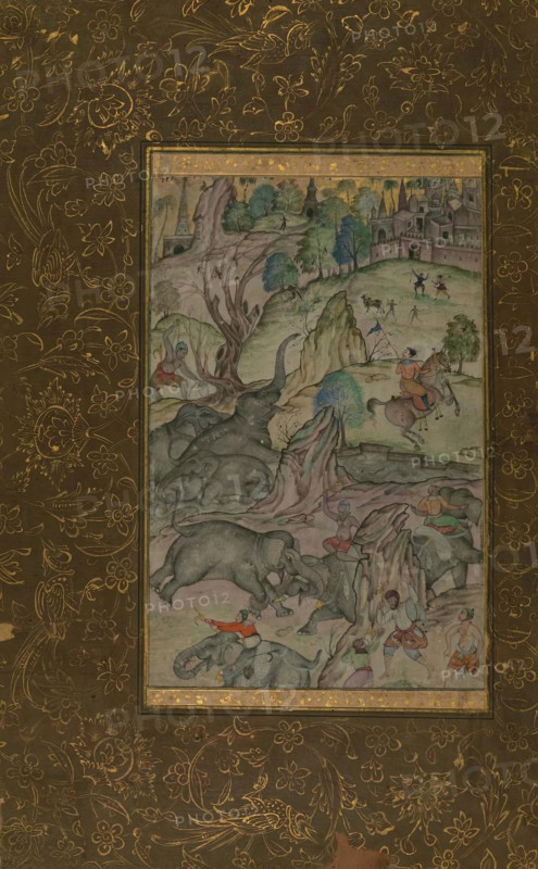 Single Leaf of Elephants on a River Bank, late 10th century AH/AD 16th-early 11th century AH... Creator: Unknown.