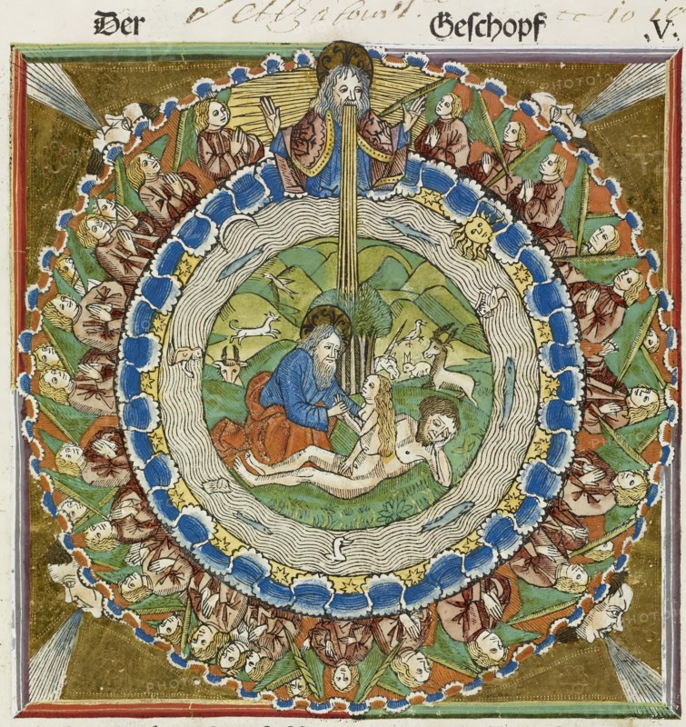 God creating Eve from Adam's rib, 1483.  Creator: Unknown.