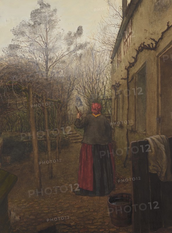 Woman Sweeping the Yard outside the Inn at Vaugirard, 1865. Creator: Leon Bonvin.