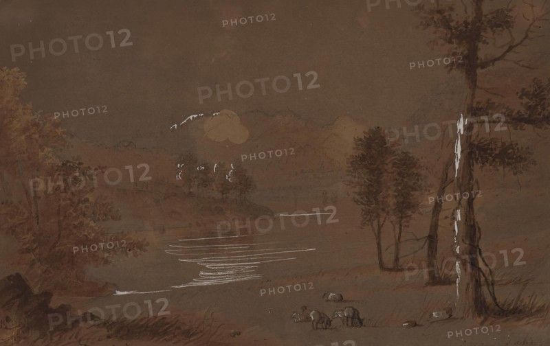 Lake and Mountain View, 19th century. Creator: Alfred Jacob Miller.