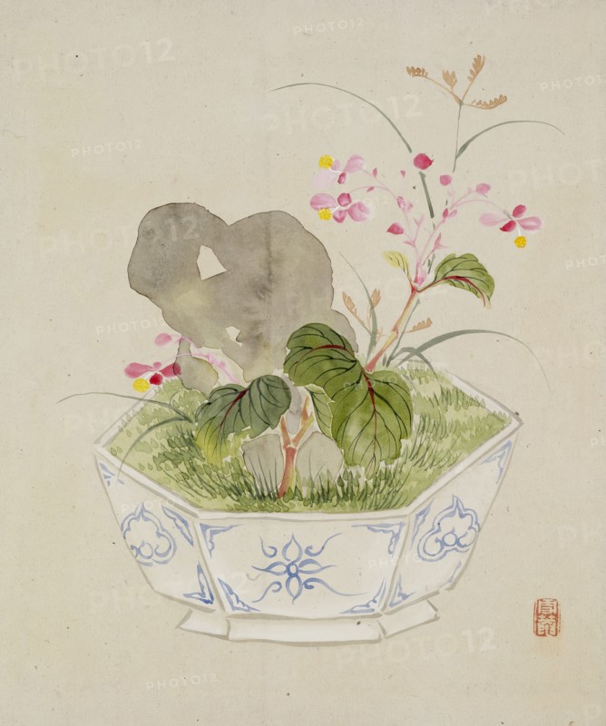 Leaf from Album Depicting Birds, Flowers, Landscapes, and Flower Pots, 1876. Creator: Yoshizawa Setsuan.