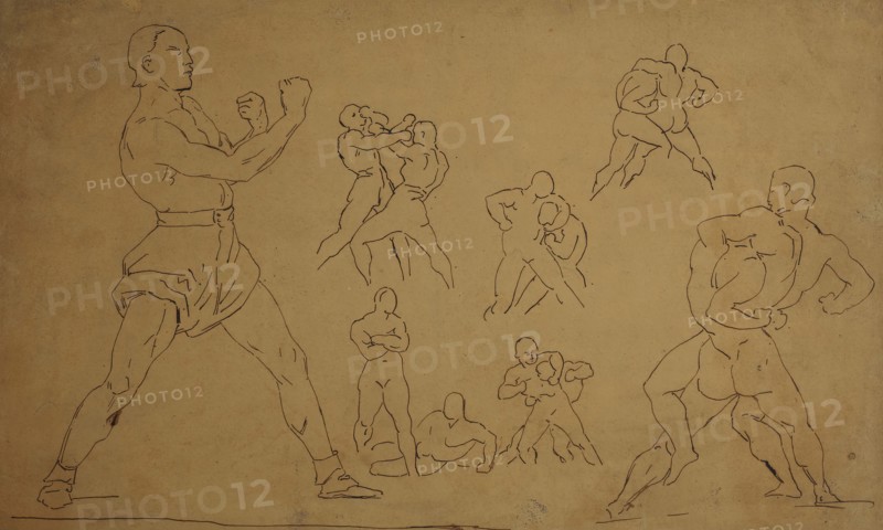 Sketches of wrestlers after gericault, 19th century. Creator: Antoine-Louis Barye.