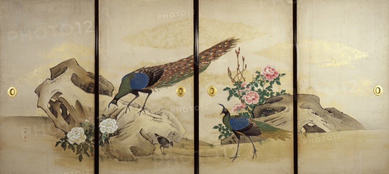 Peacock and Peahen with Chick and Peonies, c1840-50. Creator: Mori Ippô.